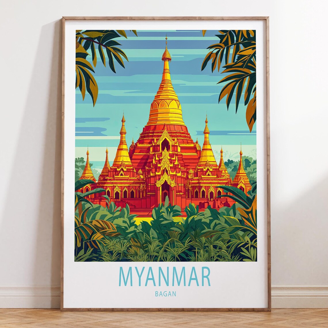 Myanmar Bagan Golden Pagoda Temple Jungle Landscape Travel Poster