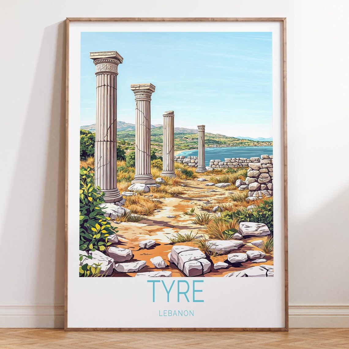 Tyre Lebanon Ancient Ruins Coastal Travel Poster with Sea View