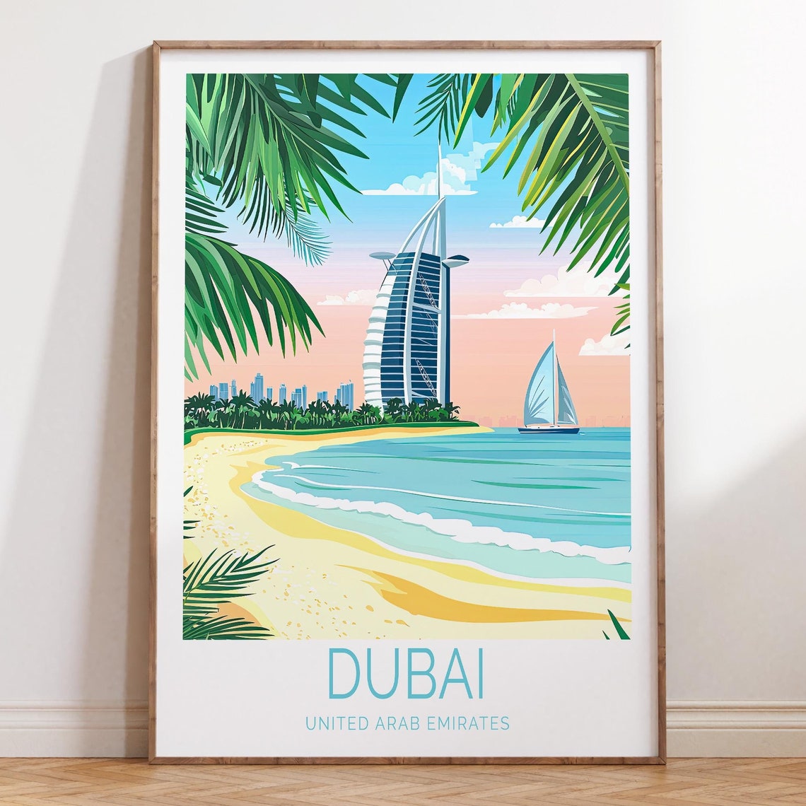 Dubai Beach With Burj Al Arab Sailboat And Palm Trees Poster
