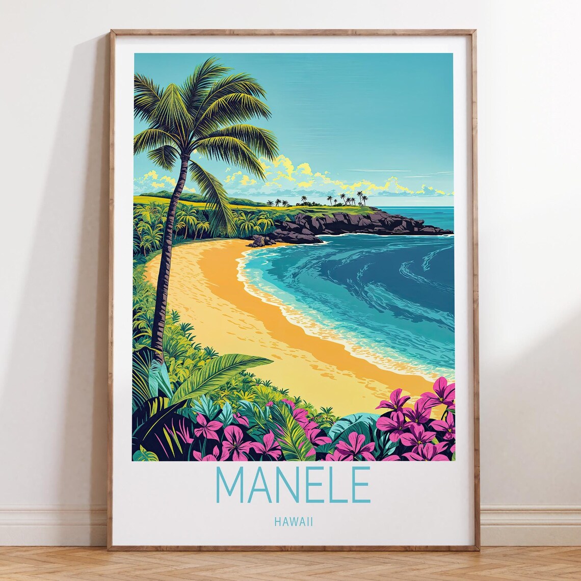 Manele Hawaii Tropical Bay Pink Flowers Rocky Shoreline Poster