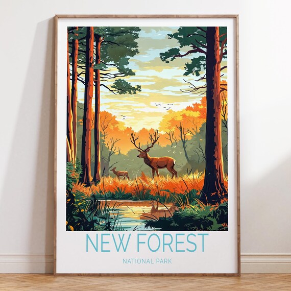 New Forest National Park England Travel Poster With Red Deer Stag