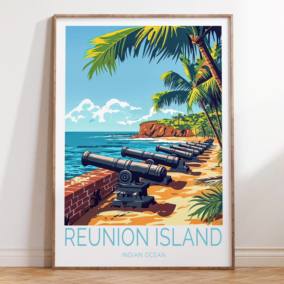 Reunion Island Indian Ocean Cannon Beach Palm Retro Travel Poster