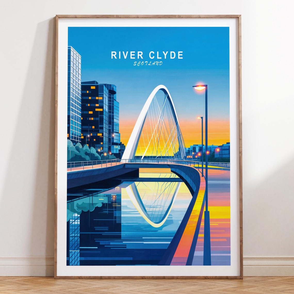 River Clyde Scotland Travel Poster Sunset Clyde Arc Bridge Glow
