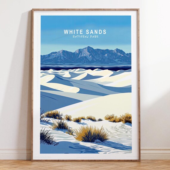 White Sands National Park Retro Travel Poster Dune Waves Mountain Scene