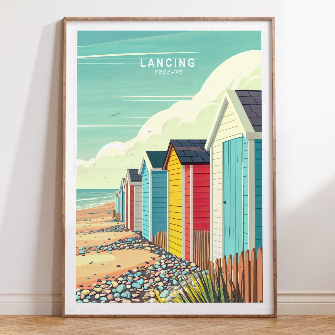 Lancing England Colorful Beach Huts On Pebble Beach Shoreline Poster