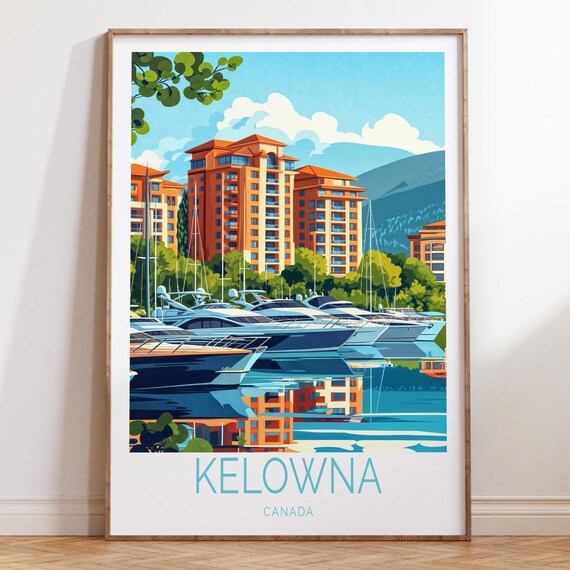 Kelowna Canada Marina Travel Poster with Okanagan Lake Yachts and Towers