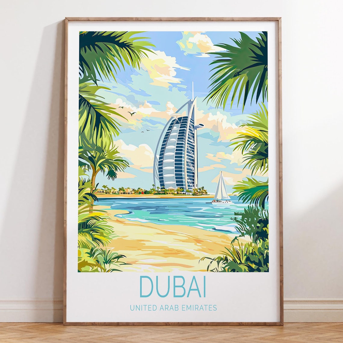 Dubai Burj Al Arab Sandy Beach View Lined With Palm Trees Poster
