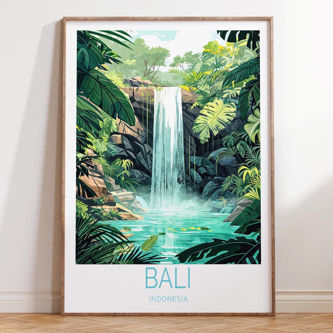Bali Indonesia Jungle Waterfall Lush Tropical Rainforest Travel Poster
