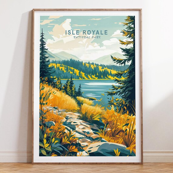 Isle Royale National Park Poster Lake Mountains Retro Travel Scenic Decor