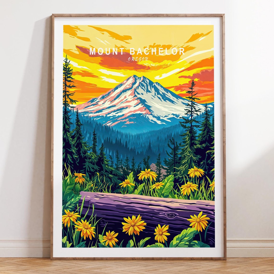 Mount Bachelor Oregon Wildflower Meadow Sunrise Retro Art Poster