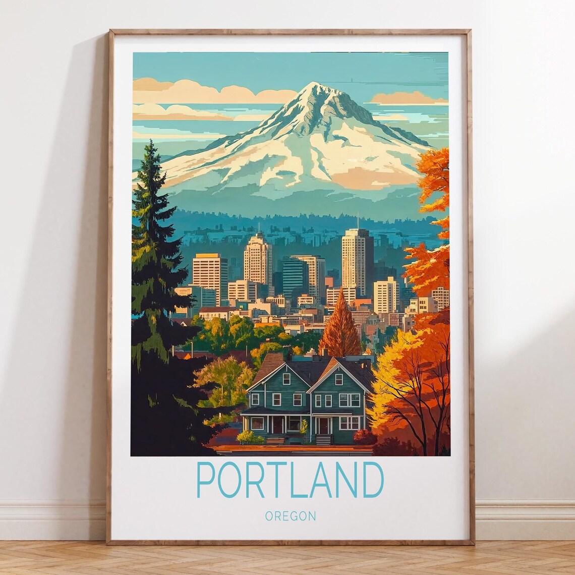 Portland Oregon Autumn Mount Hood Daytime Skyline Travel Poster