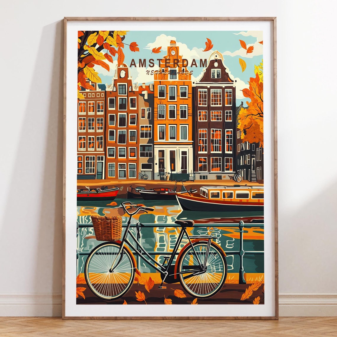Amsterdam Autumn Canal Bicycle Scene With Overhead Title Poster