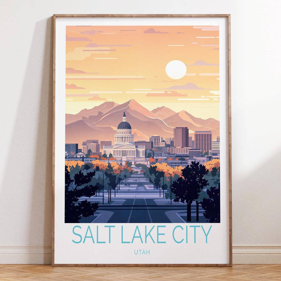 Salt Lake City Utah Sunset Skyline With Capitol Travel Poster