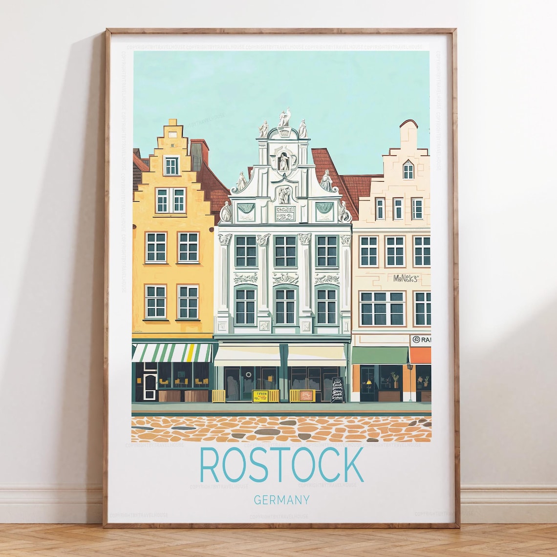 Charming Rostock Germany Gabled Merchant Houses Cobblestone Poster
