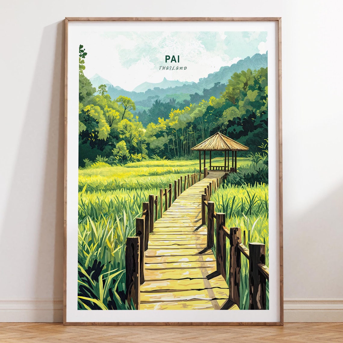 Pai Thailand Bamboo Bridge Over Lush Rice Fields Travel Poster