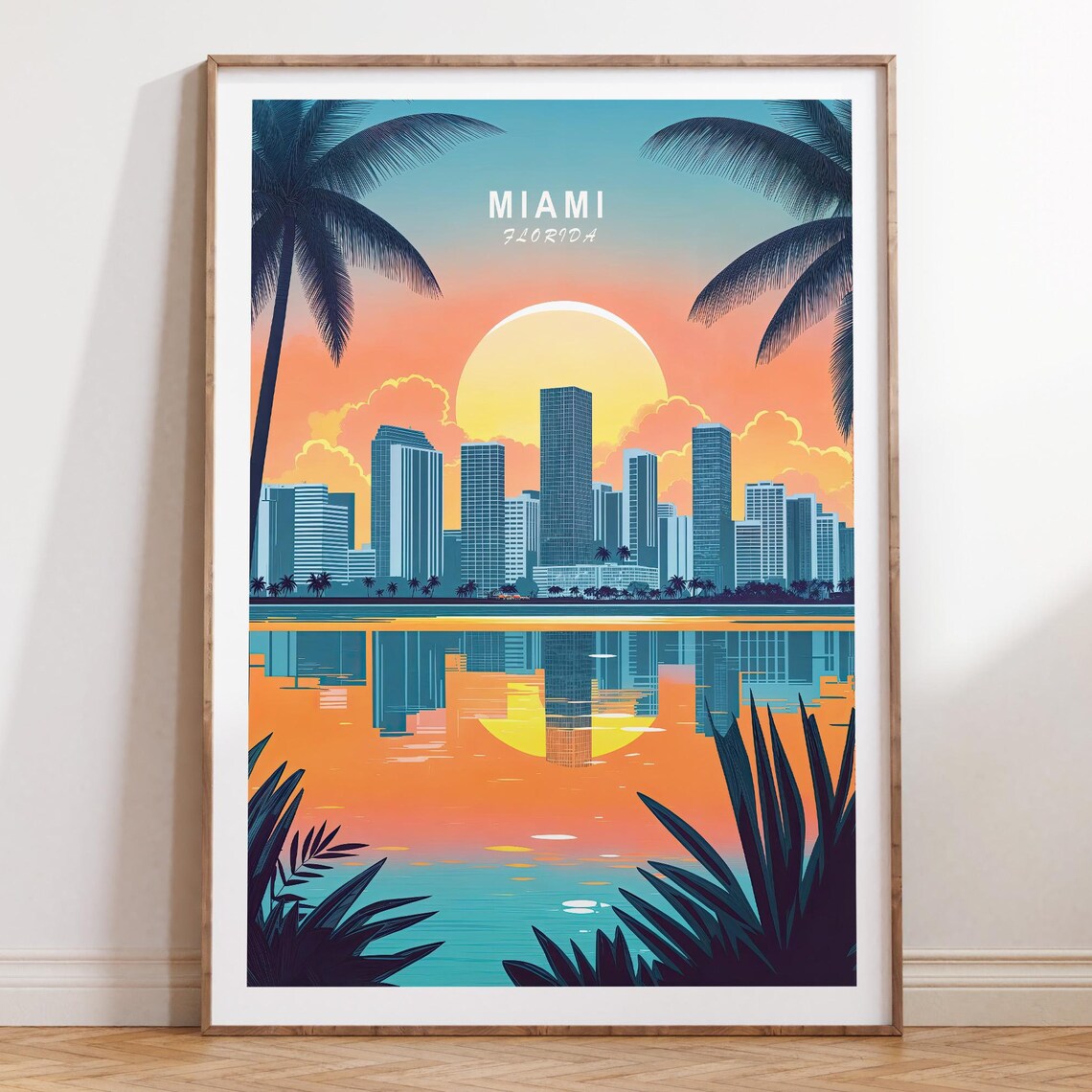 Miami Florida Palm Trees Skyline Sunset Over the Bay Travel Poster