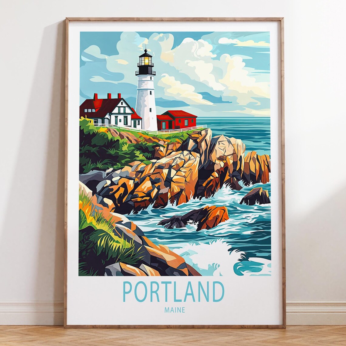 Portland Maine Lighthouse Coastal Illustration Travel Wall Poster