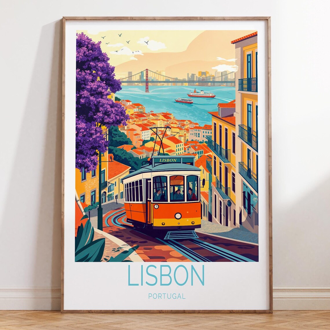 Lisbon Portugal Yellow Tram Golden Sunset Street Travel Poster