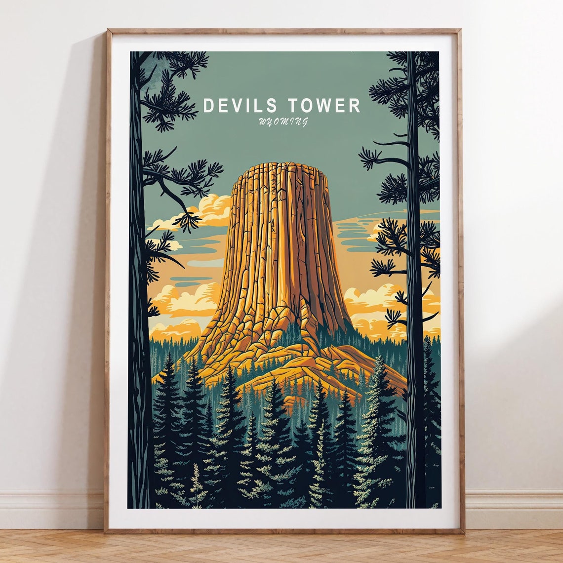 Devils Tower Wyoming At Dusk Through Pine Forest Retro Travel Poster