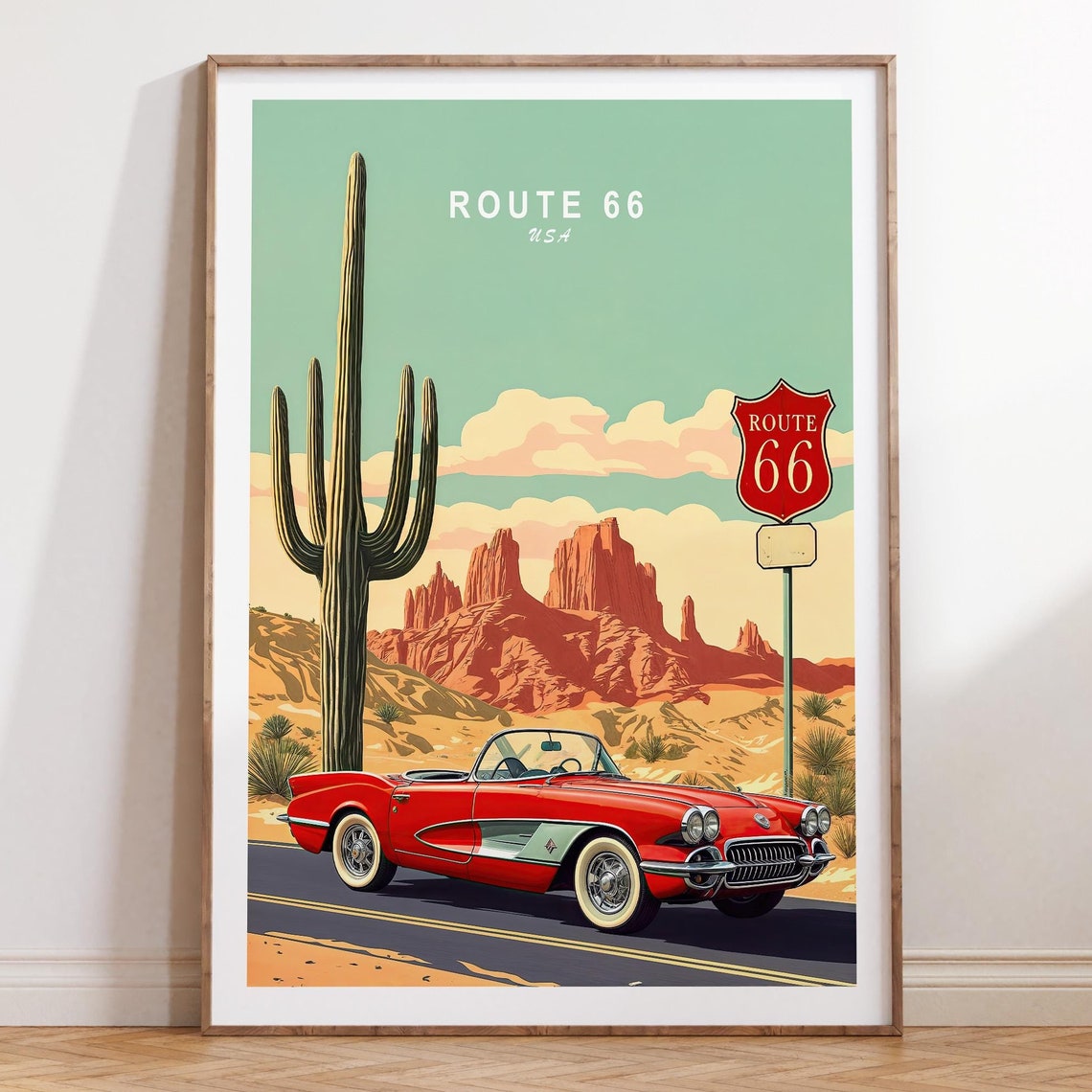 Route 66 USA Red Classic Convertible and Desert Cactus Poster