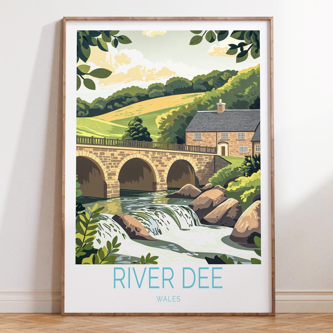 River Dee Wales Travel Poster Stone Bridge Cottage Countryside Art