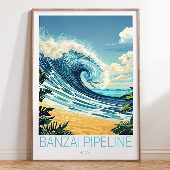 Banzai Pipeline Hawaii Giant Surf Wave Blue Ocean Travel Poster