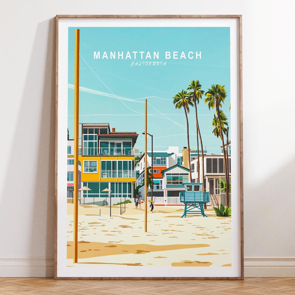 Manhattan Beach California Palm Trees Top Title Travel Poster