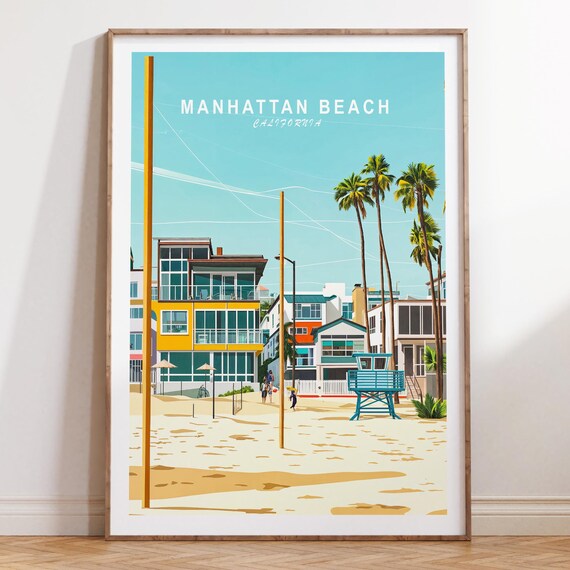 Manhattan Beach California Palm Trees Top Title Travel Poster