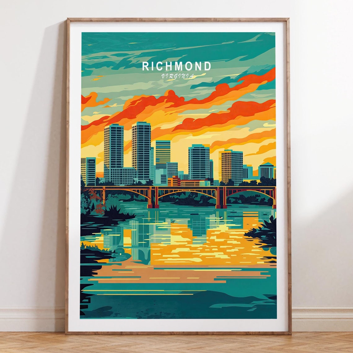 Richmond Virginia Skyline and River Bridge Golden Sunset Travel Poster