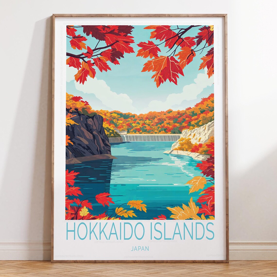 Fiery Hokkaido Japan Autumn Maple Lake Retro Landscape Poster