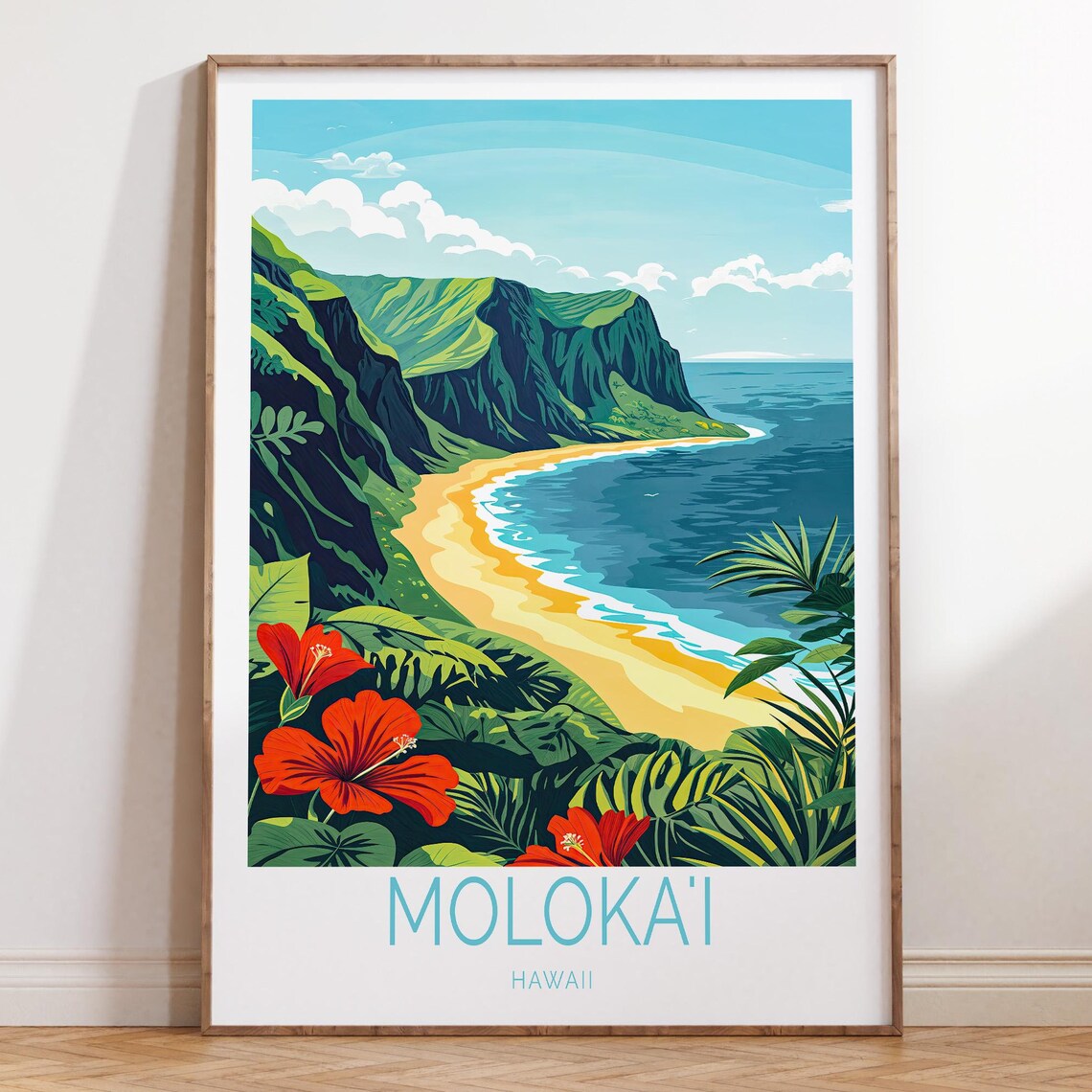 Molokai Hawaii Sea Cliff Golden Beach Hibiscus Flowers Travel Poster