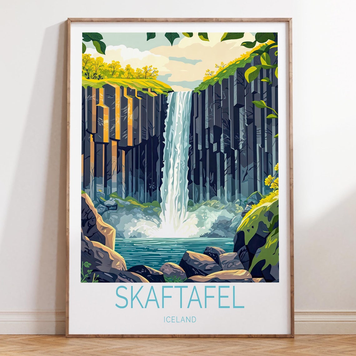Skaftafel Iceland Waterfall Over Basalt Cliffs Travel Poster