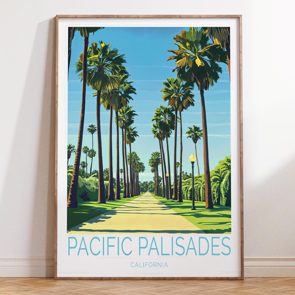 Pacific Palisades California Palm Avenue Vintage Travel Style Poster