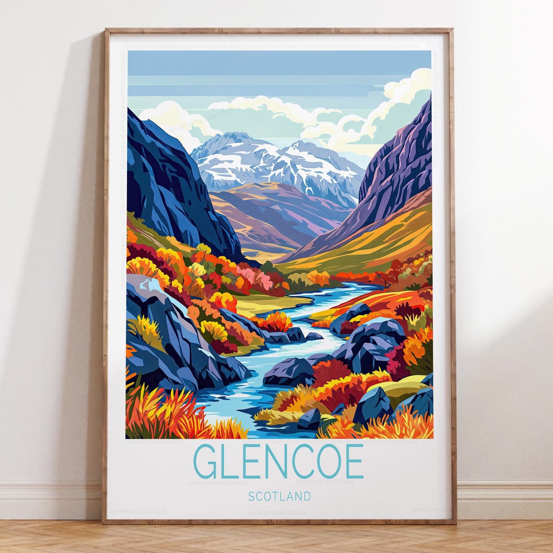 Glencoe Scotland Dramatic Mountain Valley Autumn River Travel Poster