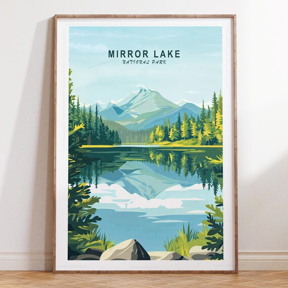 Tranquil Mirror Lake National Park Pine Reflection Vintage Poster