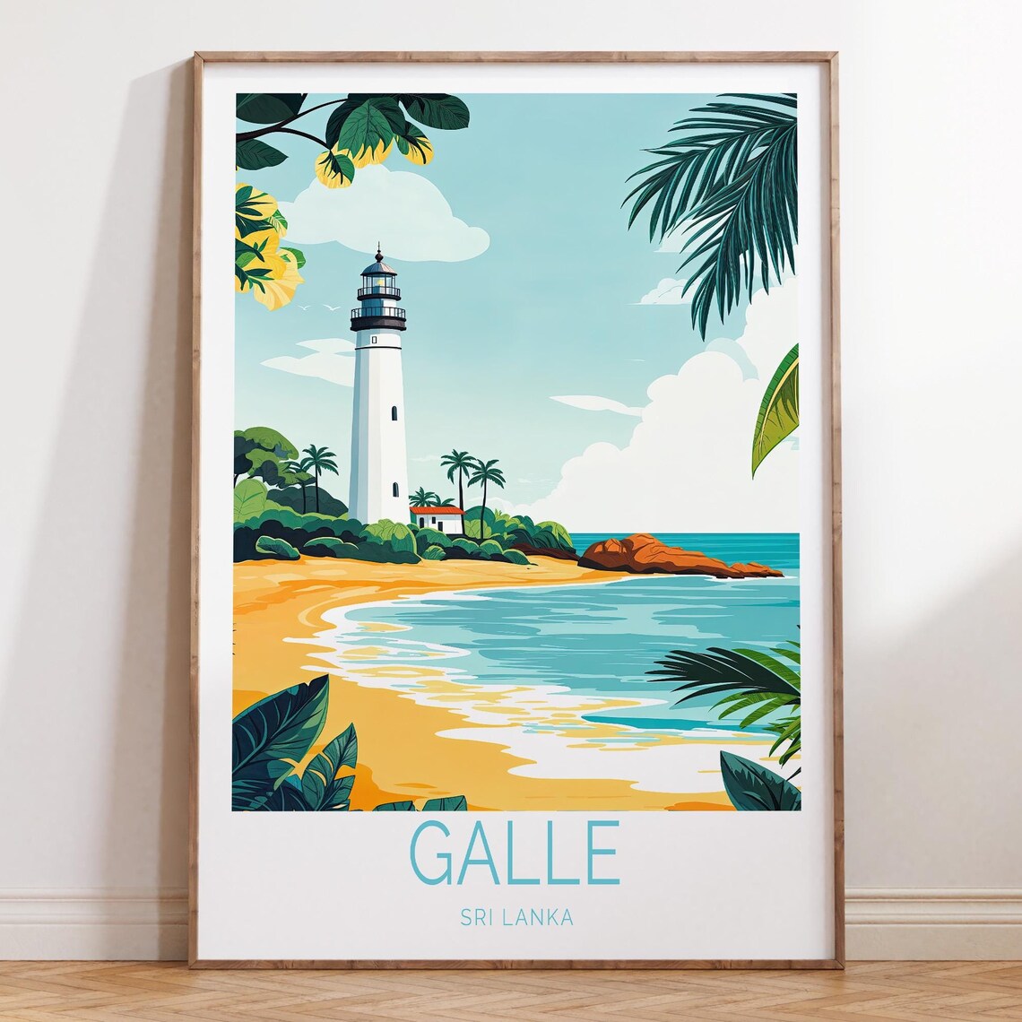 Sunny Galle Sri Lanka Lighthouse Tropical Beach Travel Poster