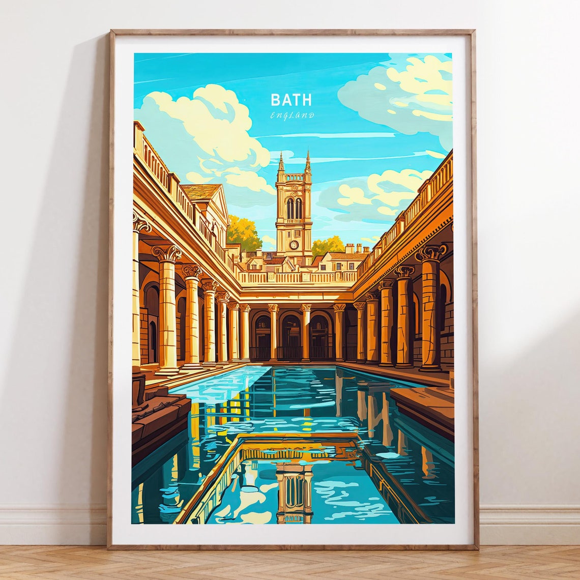Bath England Roman Baths Reflection Abbey Tower Vintage Travel Poster