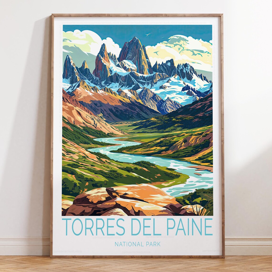 Torres del Paine National Park Granite Peaks River Chile Travel Poster