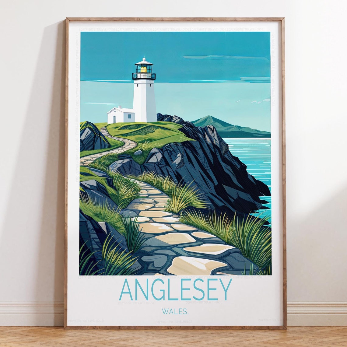 Anglesey Wales Lighthouse Travel Poster Beacon On Green Cliffs