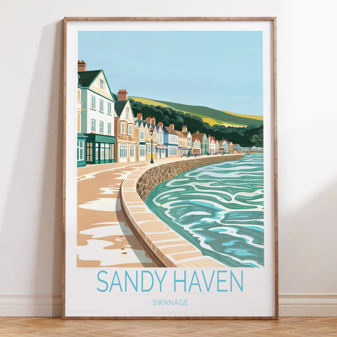 Sandy Haven Swanage Seaside Poster Curved Promenade Beach Town Art
