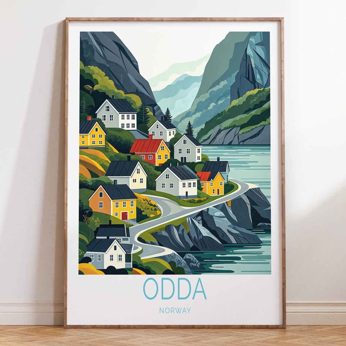 Odda Norway Fjord Village Colorful Houses Retro Travel Poster