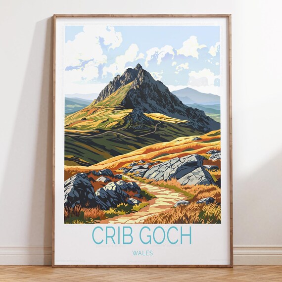 Crib Goch Wales Green Hills Rocky Path Vintage Travel Poster