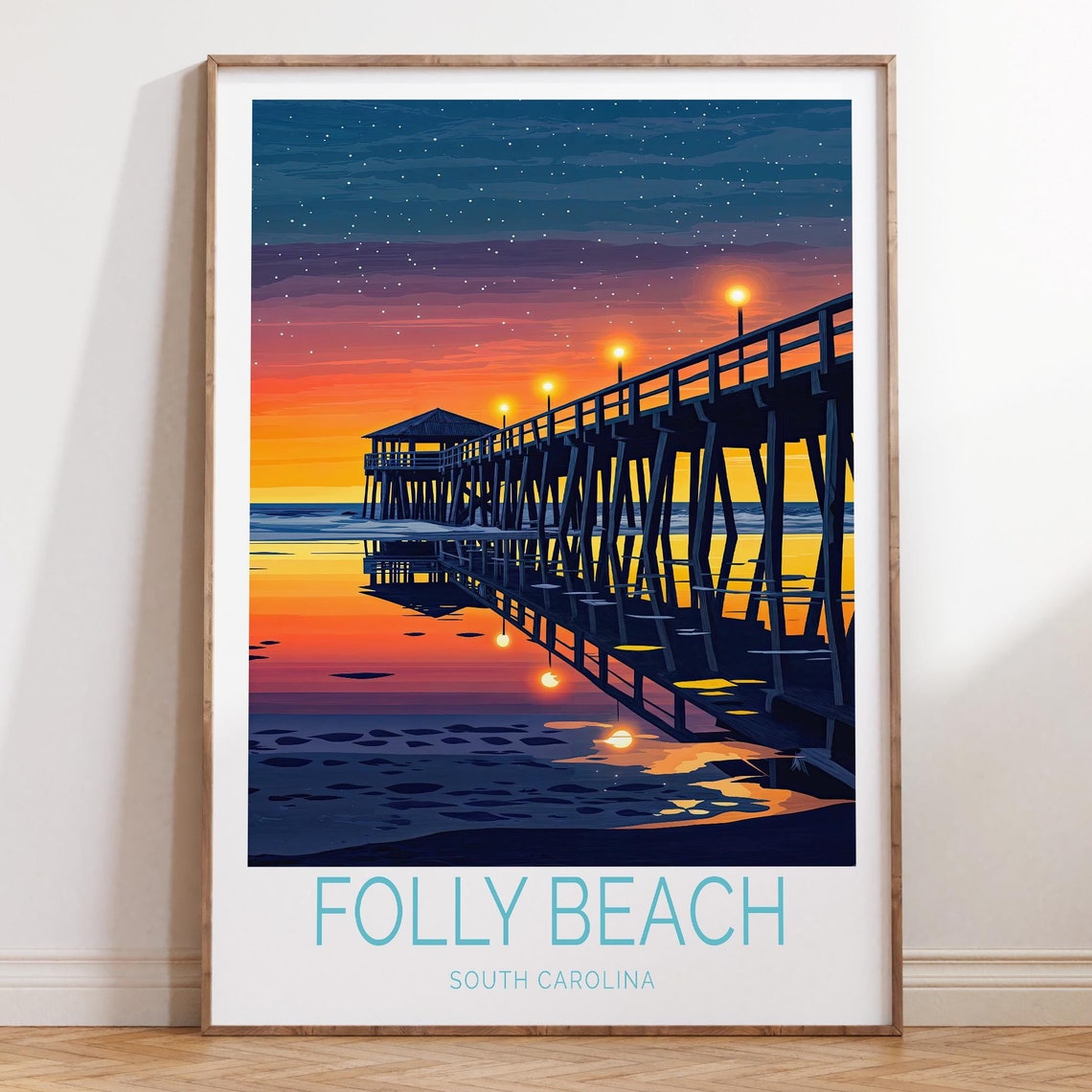 Folly Beach South Carolina Starry Night Fishing Pier Travel Poster