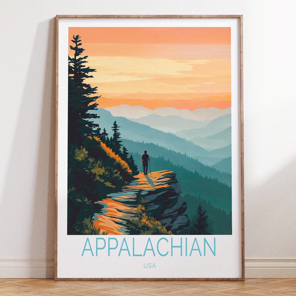 Appalachian USA Sunset Overlook Bottom Caption Travel Poster