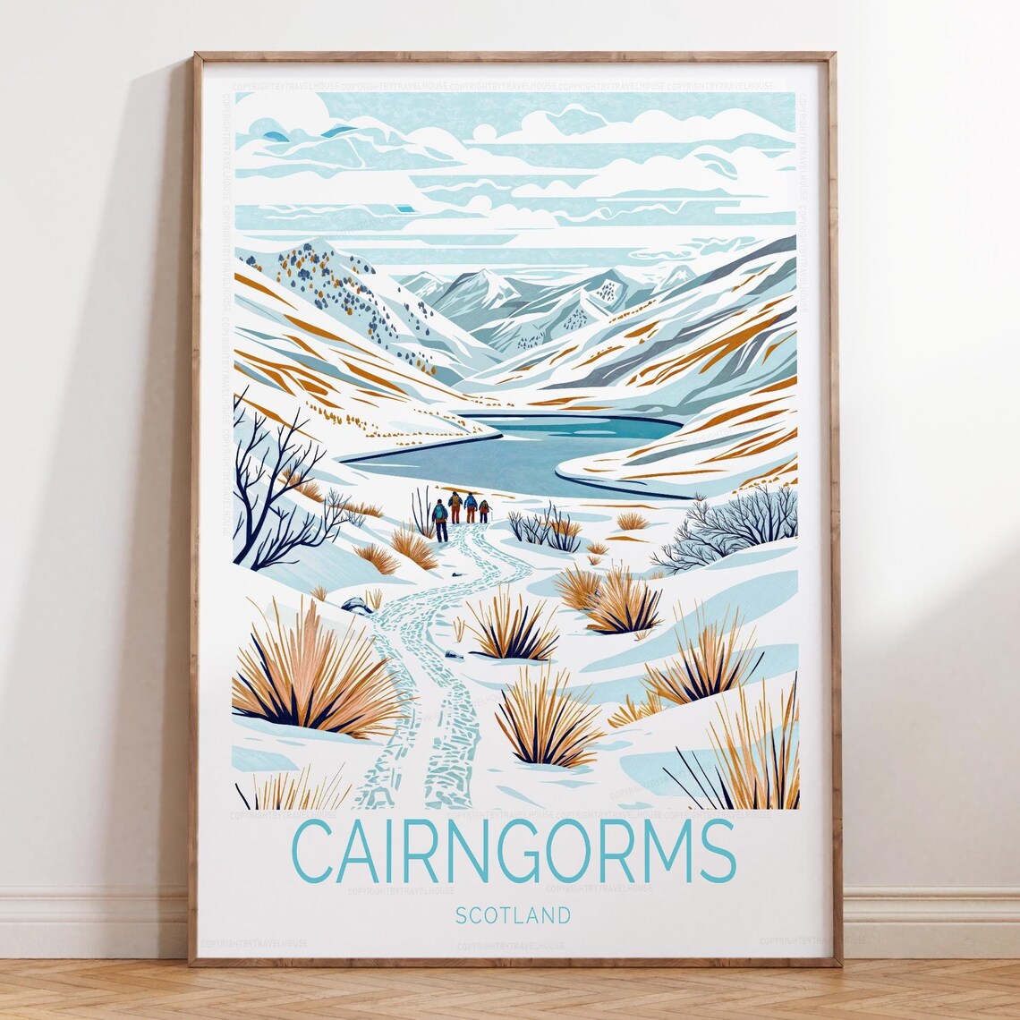 Cairngorms Scotland Winter Hikers by Frozen Lake Travel Poster