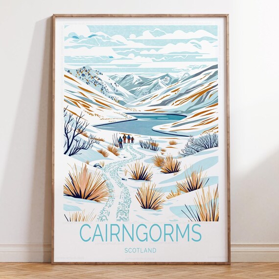 Cairngorms Scotland Winter Hikers by Frozen Lake Travel Poster