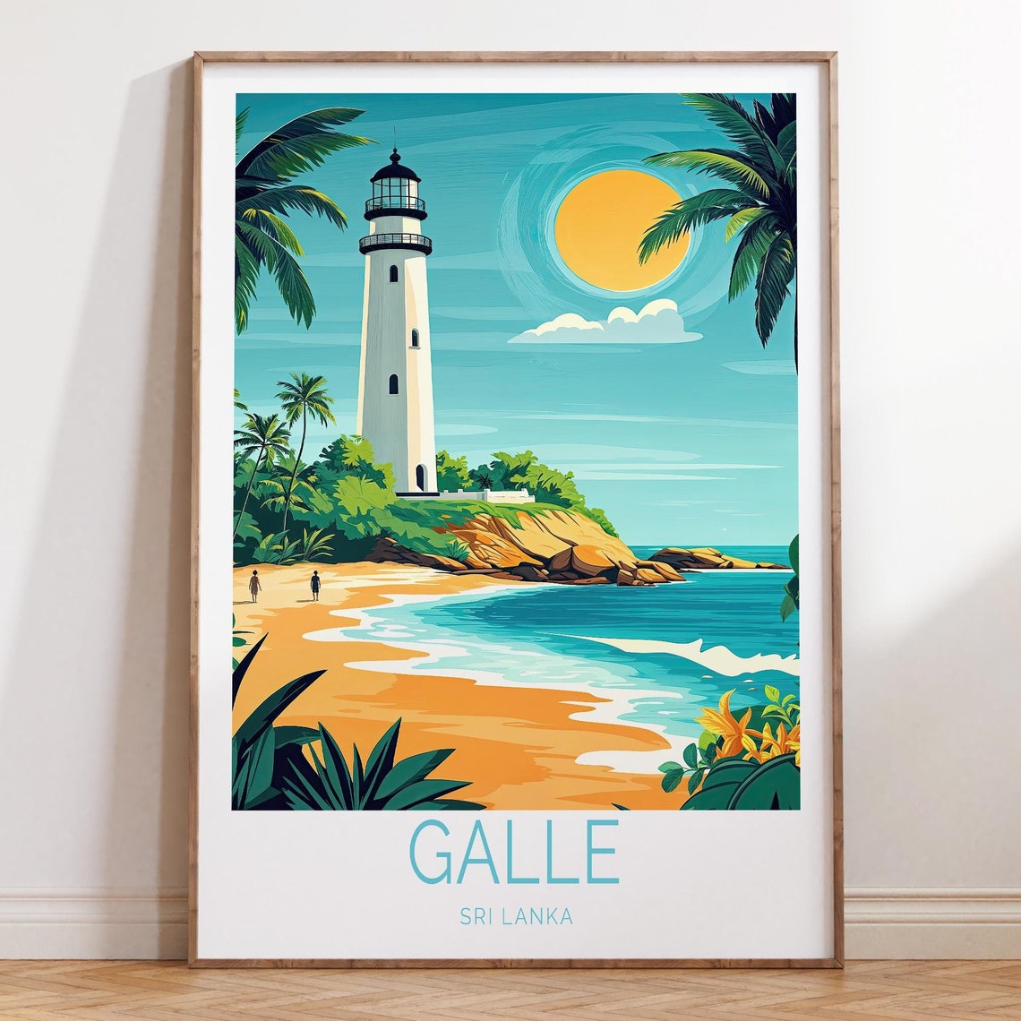 Galle Sri Lanka Lighthouse Palm Beach Scene Vintage Travel Poster