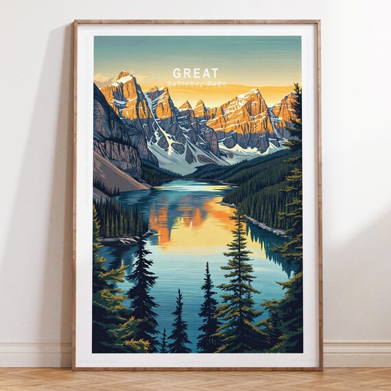 Great National Park Golden Sunset Mountain Lake Travel Poster
