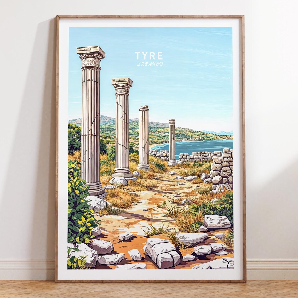 Tyre Lebanon Ancient Roman Column Ruins Coastal Bay Travel Poster