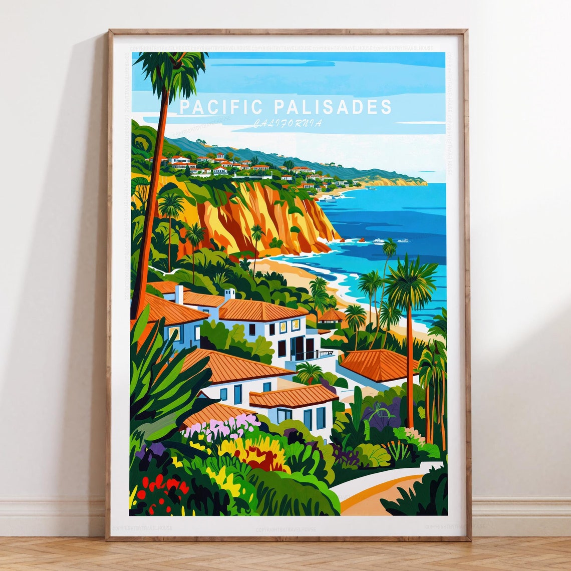 Pacific Palisades California Coastal Cliffs Vintage Travel Art Poster